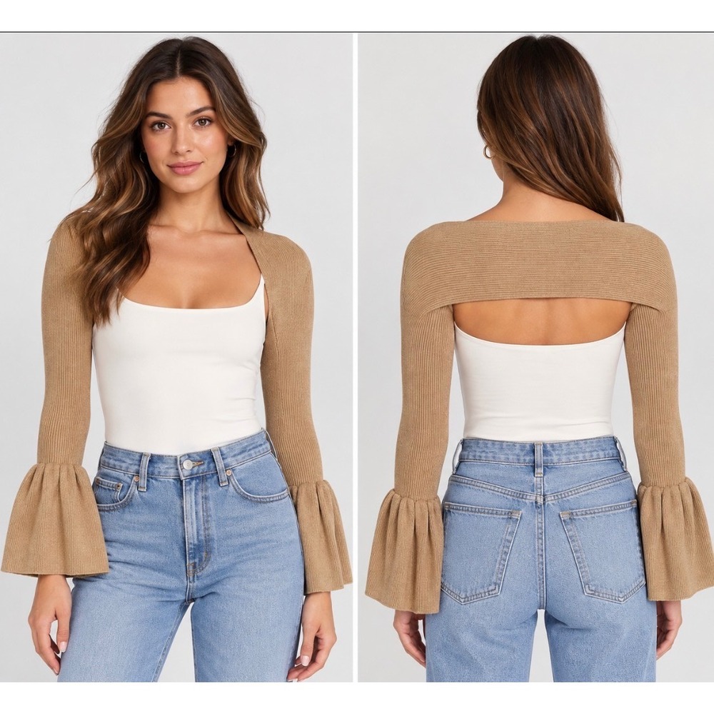 YUYU Knit Bolero Shrug Sweater Womens Small Beige Ribbed Bell Sleeve Open Front